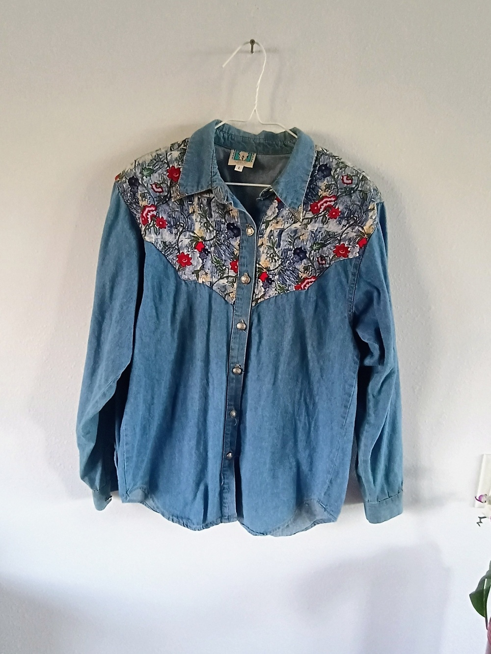 Vintage Desert Flower Floral Western Denim Snap Shirt Made In USA 🇺🇲 Large